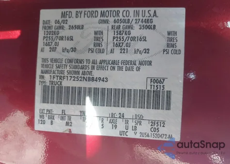 2002 Ford F-150 Xl/Xlt z USA, uszkodzony, nr VIN 1FTRF17252NB84943
